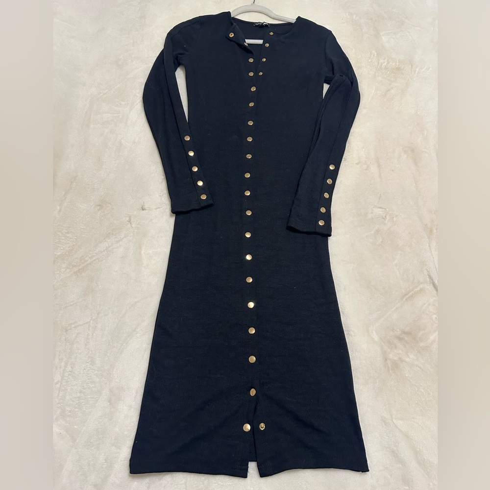 Black Midi dress with Gold buttons down the Middle and Arms